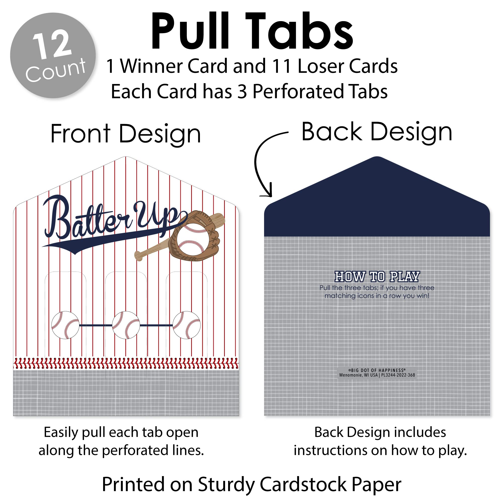 Big Dot Of Happiness Batter Up - Baseball - Baby Shower Or Birthday Party Game Pickle Cards - Pull Tabs 3-In-A-Row - Set Of 12